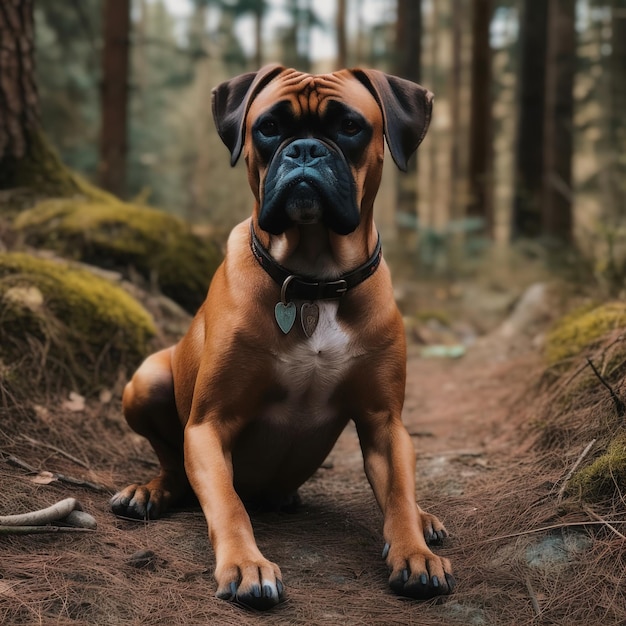 A dog with a tag on its collar sits in the woods.