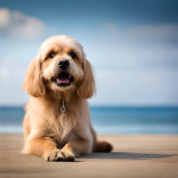 개가 해변에 있다는 꼬리표가 달린 개