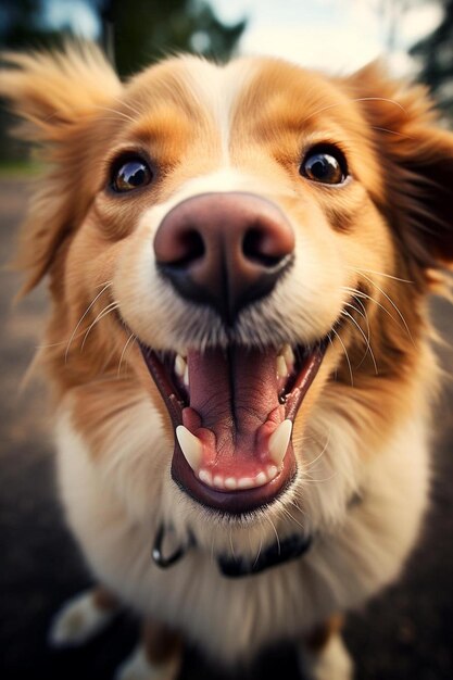 Photo a dog with a tag that says  happy  on it