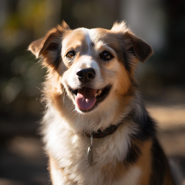 A dog with a tag that says " i love dogs " on it.