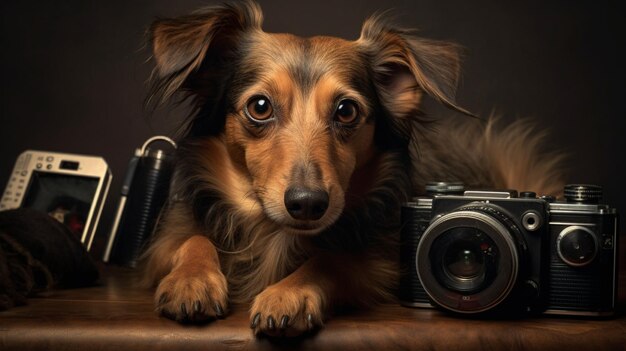 Photo a dog with tiny camera as if taking wallpaper