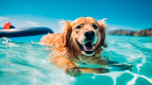 水中のおもちゃを持った犬