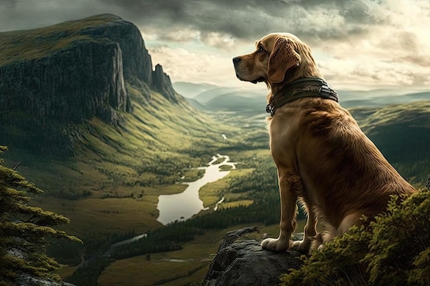 Dog with view of vast and verdant valley below atop mountain peak created with generative ai