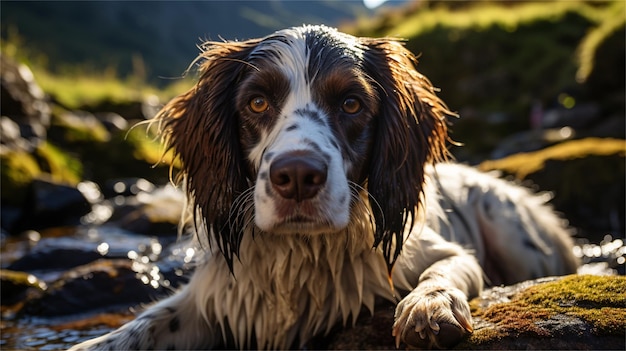 A dog with a wet face sits on a rocky surface