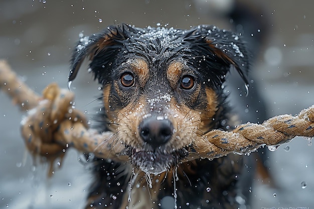 собака с мокрой шерстью отрывает воду от лапы