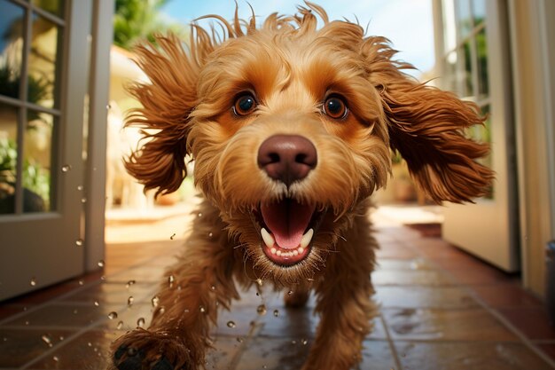 dog with wet hair in the house pet