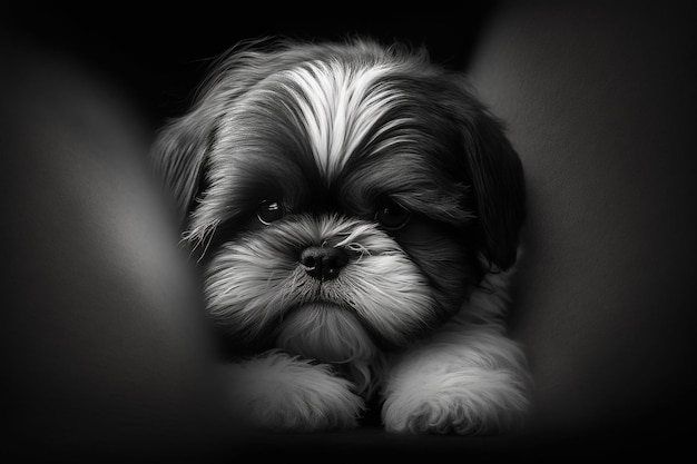 a dog with a white and black face and a black background