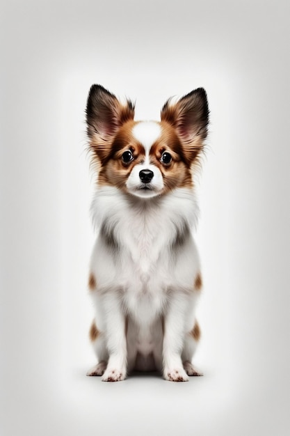 A dog with a white and brown coat with a long tail sits on a white background.
