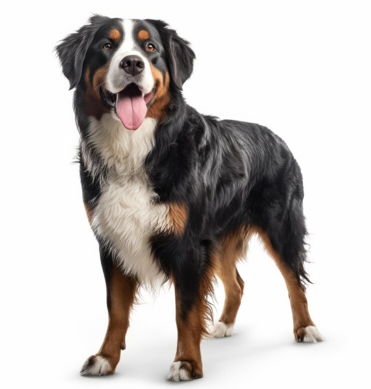 白い胸と黒い毛皮を持つ犬が白い背景の前に立っています。