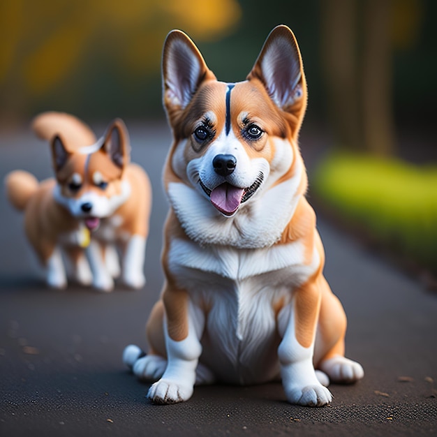 A dog with a white collar and a red nose sits in the middle of a road.