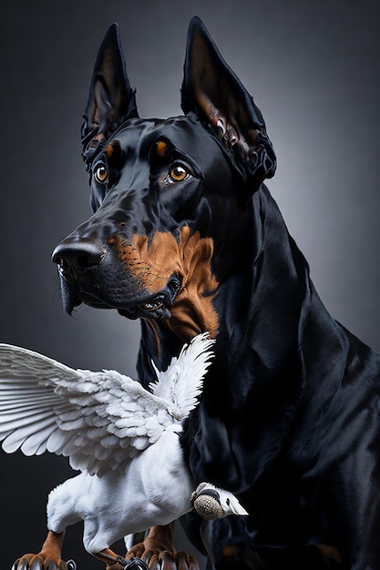 A dog with a white dove in his mouth