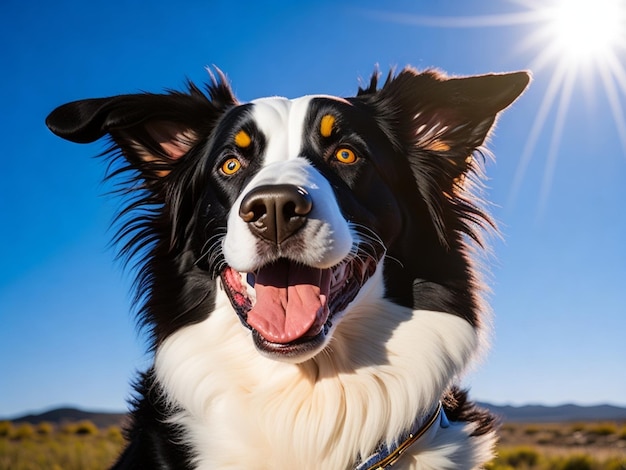 白い顔と黒い模様を持つ犬がカメラを見ている