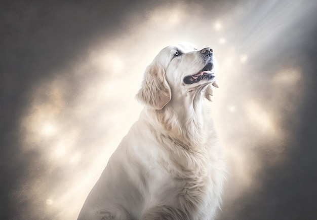 A dog with a white face and a light behind it