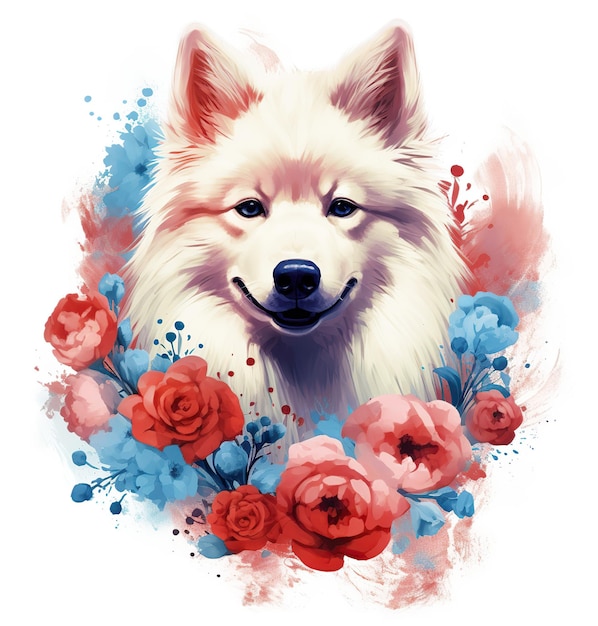 A dog with a white face and red flowers on it.