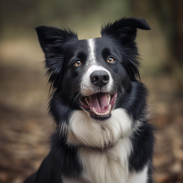 胸に白い斑点のある犬が森の中に座っています。