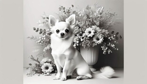 Foto un cane con una coda bianca si siede accanto a un vaso di fiori