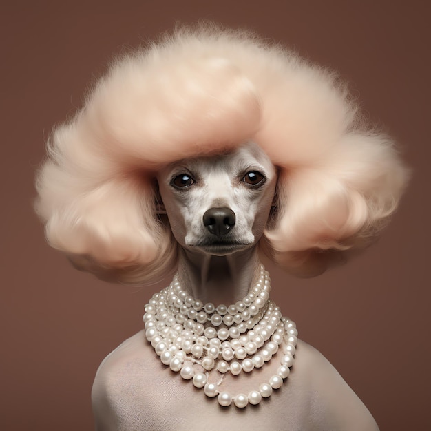 a dog with a wig and pearls