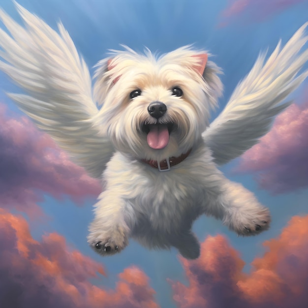 A dog with wings that says the word angel on it