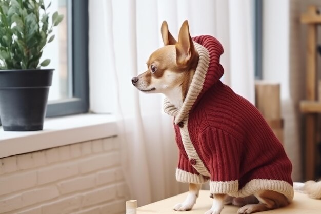 Dog with winter clothing in a Cozy Dining Room with Copy space