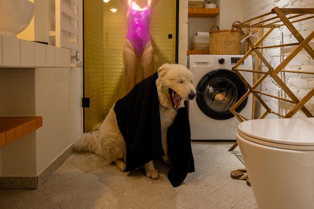 Dog with a woman in bathroom