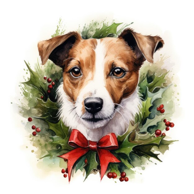 a dog with a wreath of holly and berries