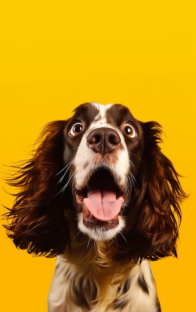 A dog with a yellow background