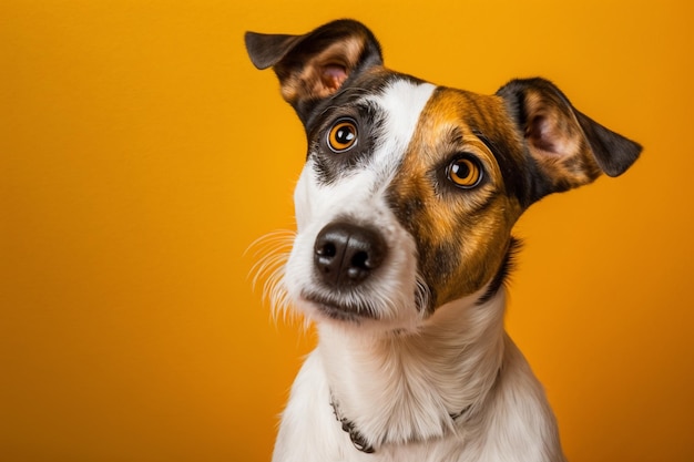 A dog with a yellow background