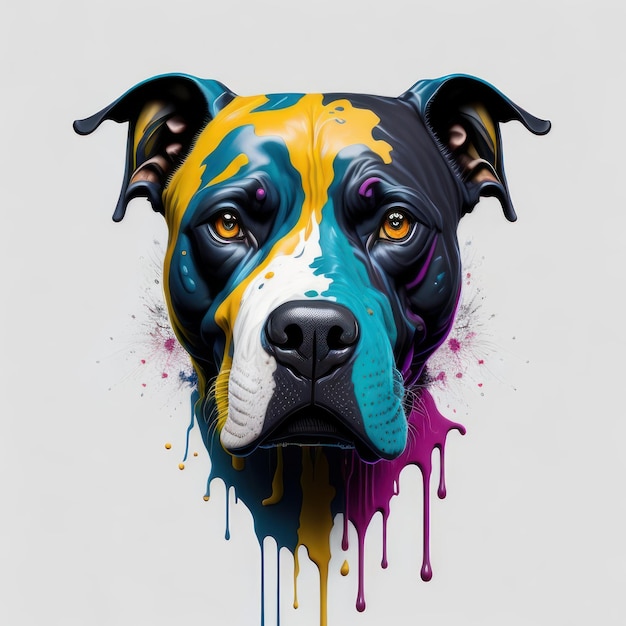 A dog with a yellow, blue, and black face is shown with the word pitbull on it.