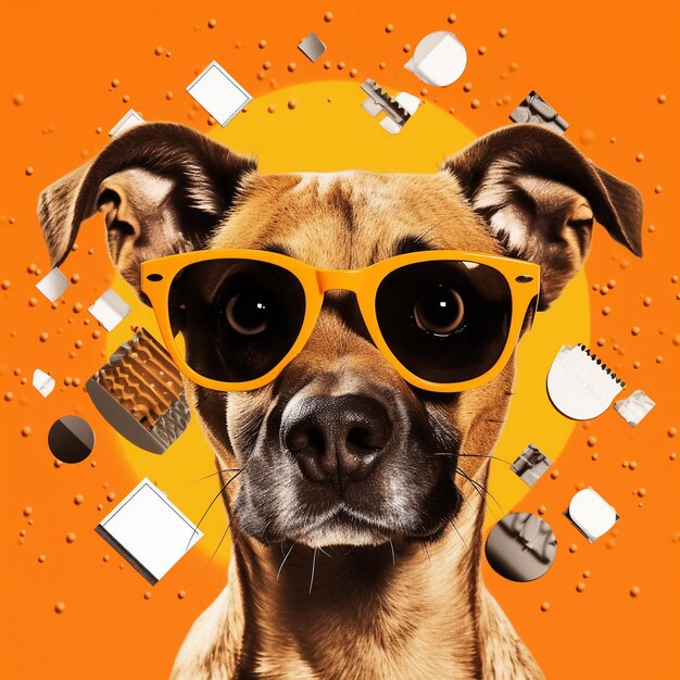 A dog with a yellow glasses and a yellow frame magazine collage style