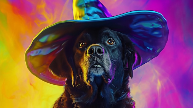 Dog in Wizard Hat with Colorful Background