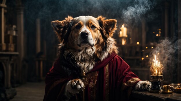 A dog in a wizard robe casting spells with a wand