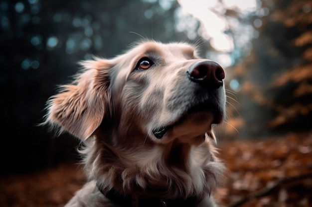 A dog in the woods looking up