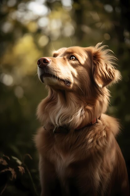 A dog in the woods looking up