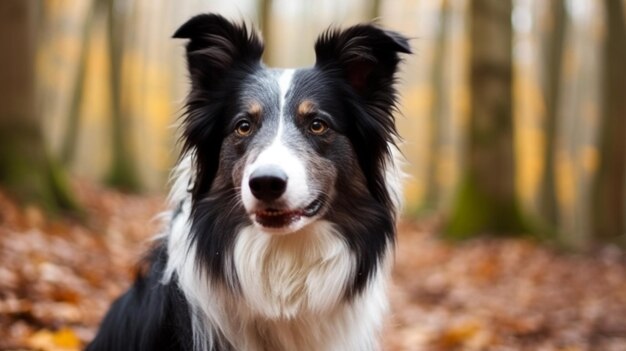 葉の背景を持つ森の中の犬