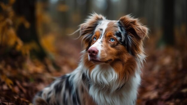 A dog in the woods with a brown and white coat