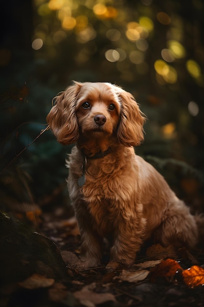 A dog in the woods with a dark background