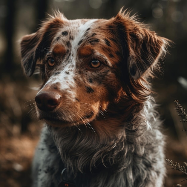 A dog in the woods with the words'australian shepherd'on the front