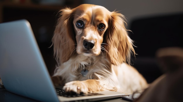 Photo dog working on laptop