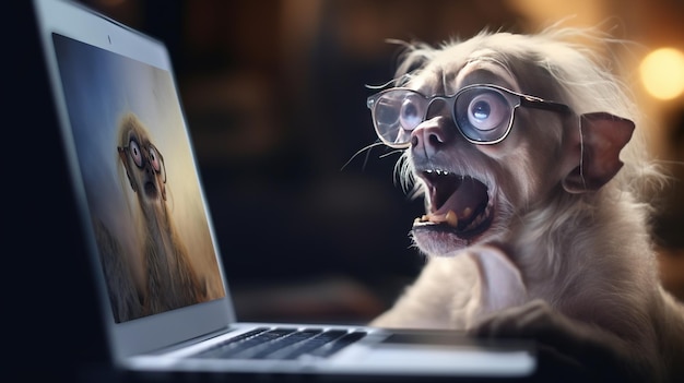 Photo dog works with the laptop remote work or freelance concept with funny puppy