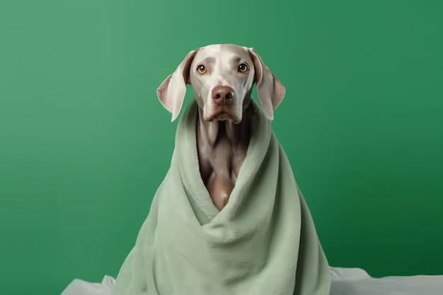 A dog wrapped up in a blanket on a bed