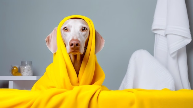 Photo dog wrapped in a yellow blanket on the bed at home dog in a yellow robe in a towel after bathing