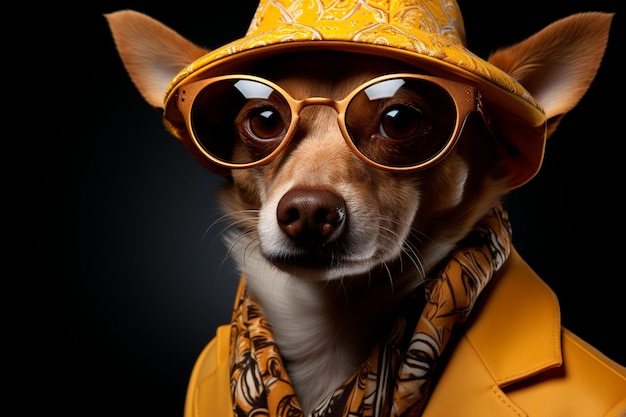 dog in a yellow coat and sunglasses with a bow tie