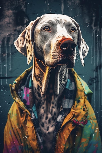 A dog in a yellow jacket with the words'calligraphy'on it