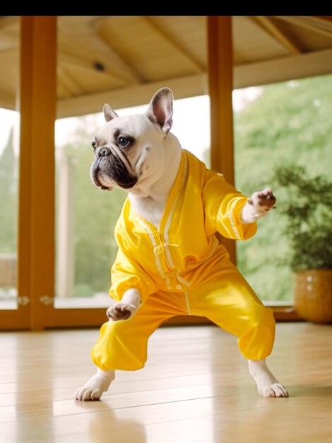 A dog in a yellow jumpsuit stands on a wooden floor in front of a window.