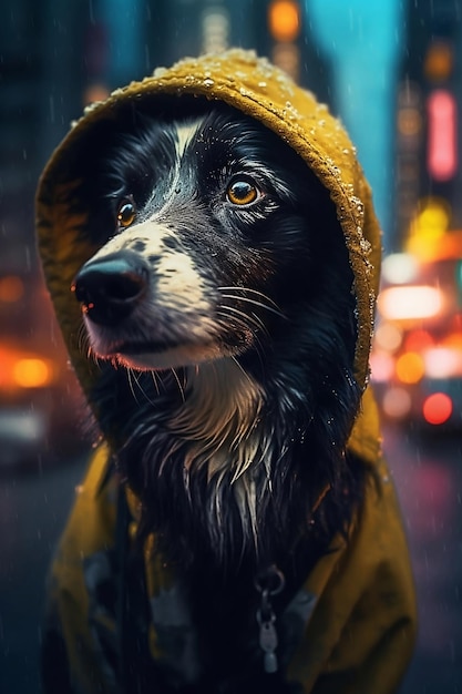 A dog in a yellow raincoat with a yellow hood and a yellow raincoat.