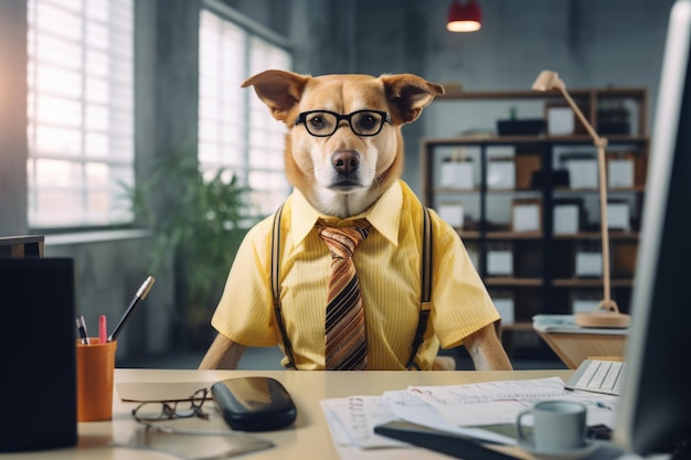 Foto un cane con una camicia gialla e una cravatta si siede alla scrivania dell'ufficio un cane in ufficio con una cravatta