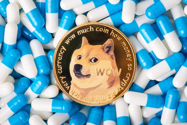 Dogecoin between blue and white capsules