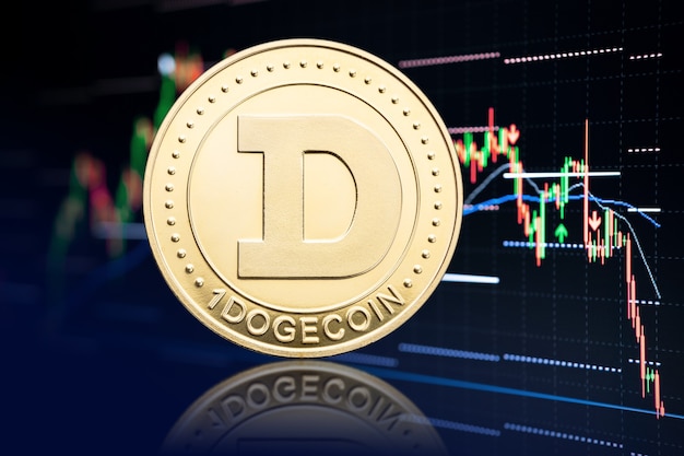 가격이 떨어지는 Dogecoin 동전 및 주식 차트. 암호화폐