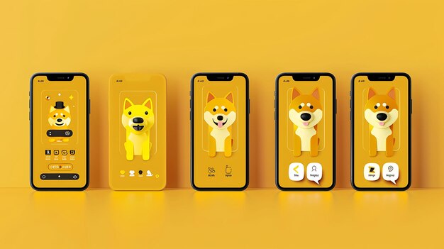 Photo dogecoin cryptocurrency community mobile layout with yellow creative idea app background designs