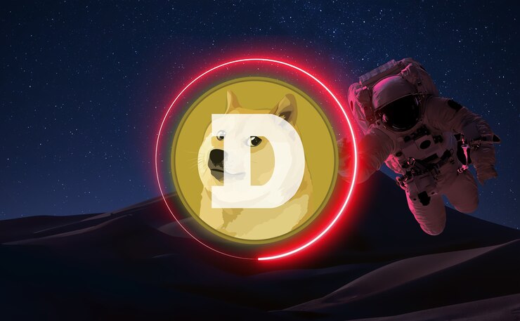Foto dogecoin cryptocurrency doge munt groeigrafiek op de beursgrafiek